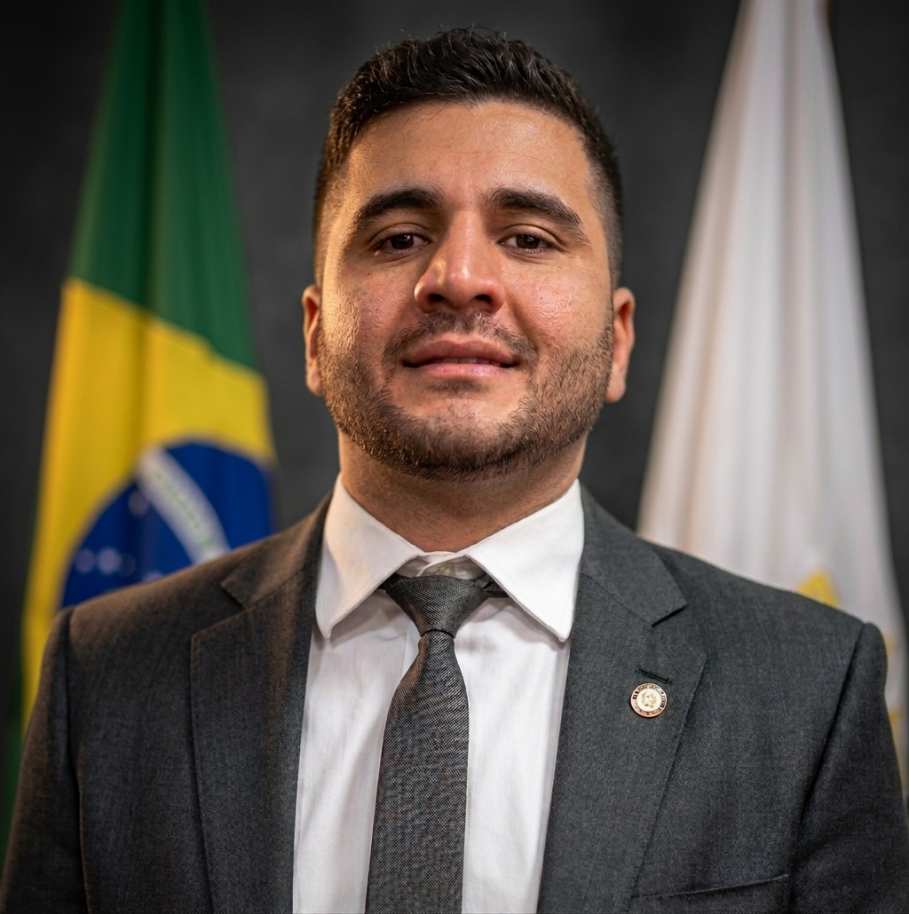Gabriel Bacelar usando terno escuro e gravata